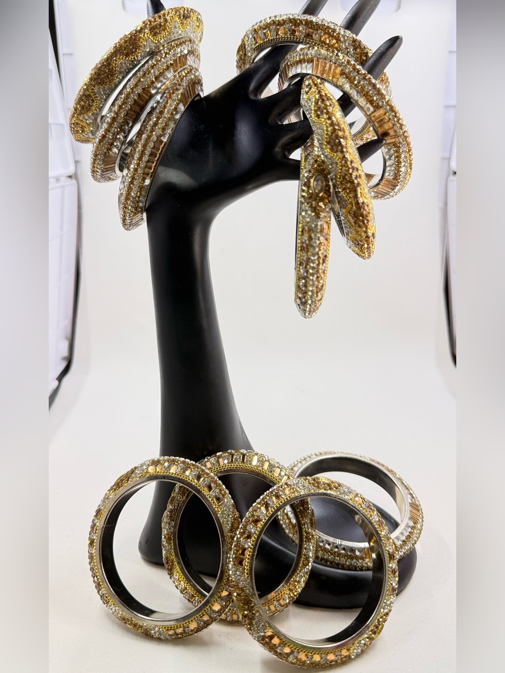 Gold and Silver Crystal Bangle Bracelet Set of 11 3-1/3 inches